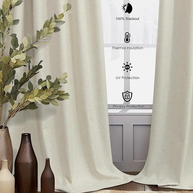 Country Farmhouse Style 94 Inch Curtains for Living Room Drape Back Tab Beige Linen Blackout Earthy Curtain Noise Reduction Light Blocking Cooling Window Treatment 2 Panel Burg Sunroom Bedroom 94 Long