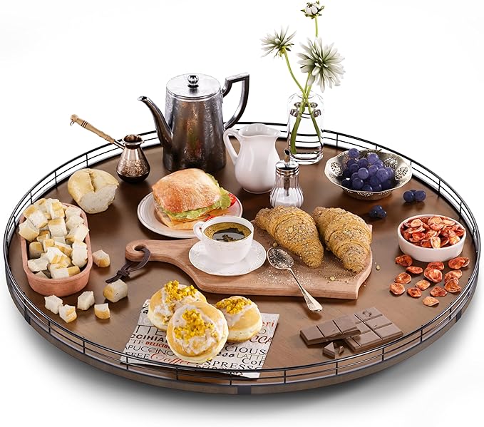 Farmhouse Oak 24" Lazy Susan Turntable Organizer for Cabinet, Round Wooden Lazy Susan Organization and Storage for Dining Table, Pantry, Kitchen, Countertop, Cupboard,Home Decor, Walnut