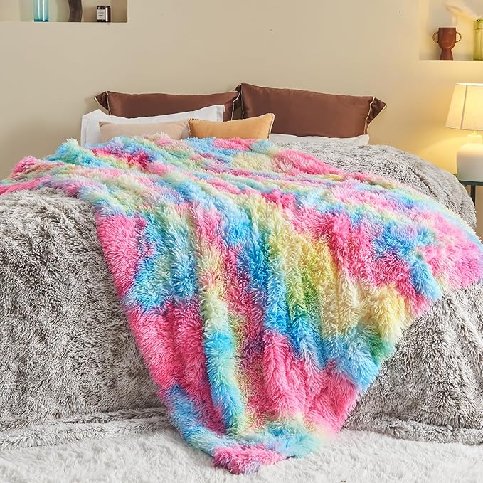 GONAAP Fuzzy Faux Fur Throw Blanket Queen Size Dark Rainbow Super Soft Cozy Plush Fuzzy Shaggy Blanket for Couch Sofa Bed (Dark Rainbow, Queen(90"x90"))