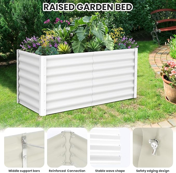 Galvanized Raised Garden Bed Outdoor, 2 Pcs 6x3x2FT Outdoor Large Planter Raised Beds Open Base with Safety Edge and Glove for Vegetables Flowers Ground Planter, White