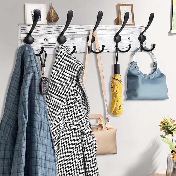 Coat Rack Wall Mount Wooden Hat Rack for Wall Hooks Pine Real Wood Plank 16.9" White Coat Hanger with 5 Black Triple Hooks for Hanging Coat Hat Jacket