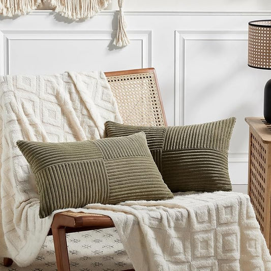 Fancy Homi 2 Packs Olive Green Long Lumbar Decorative Throw Pillow Covers 12x24 Inch for Couch Bed Sofa, Rustic Farmhouse Boho Home Decor, Soft Striped Corduroy Rectangle Accent Cushion Case 30x60 cm