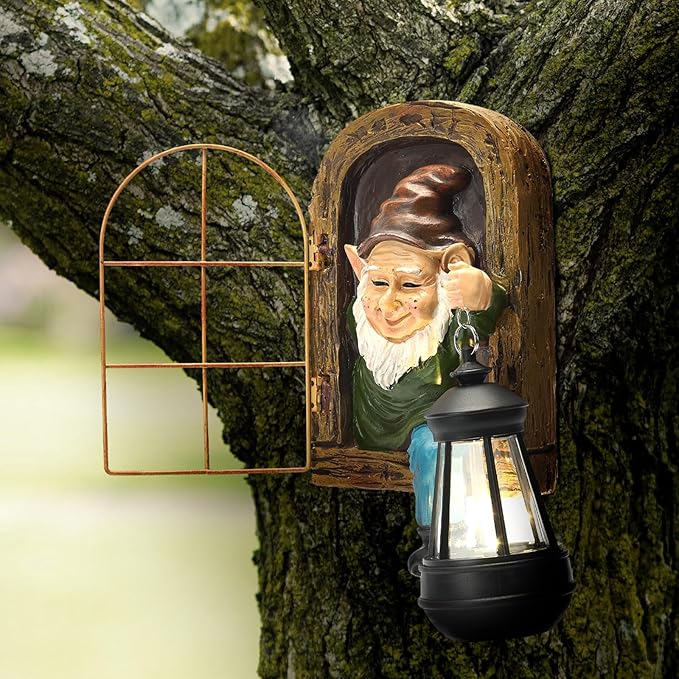 Garden Gnome Decor Outdoor Statue - Gnome With Solar Waterproof Lantern, Whimsical Elf Out The Door Tree Hugger Garden Statues, Home, Fence, Patio, Resin Ornament, Gardening Gift Tree Faces Gnomes
