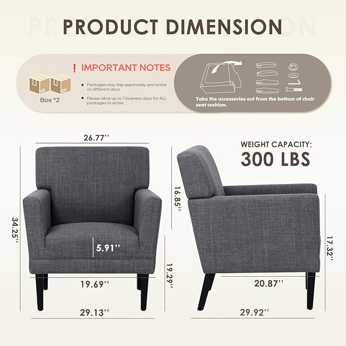 COLAMY Accent Chair Set of 2 for Living Room, Modern Upholstered Fabric Accent Armchair with Back, Soft Single Sofa Chair with Arms for Bedroom/Office/Reception Room, Dark Grey