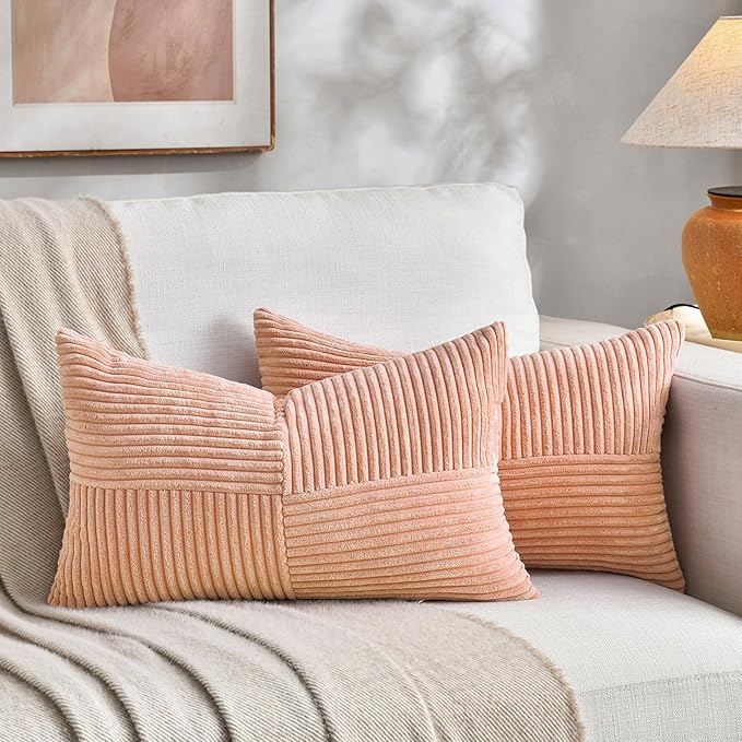 Fancy Homi 2 Packs Peach Lumbar Decorative Throw Pillow Covers 14x24 Inch for Living Room Couch Bed Sofa, Rustic Farmhouse Boho Home Decor, Soft Striped Corduroy Rectangle Accent Cushion Case 35x60 cm