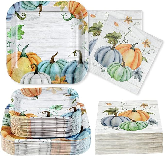 Grencian 200Pcs Fall Plates and Napkins Square Blue Pumpkins Plate Thanksgiving Paper Plates Pumpkin Wood Grain Dinnerware for Baby Shower Fall Harvest Family Thanksgiving Party Decorations, Serves 50