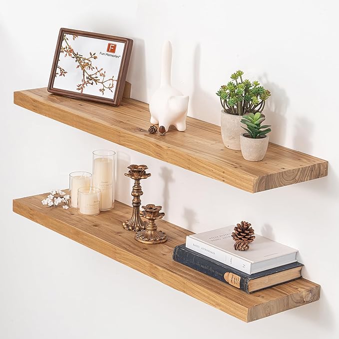 Fun Memories Floating Shelves for Wall, 36"x9.3" Rustic Solid Elm Wood Shelves, Heavy-Duty Wall Mounted Shelf with Invisible Brackets, Set of 2 for Living Room, Bedroom, Kitchen, Natural Finish