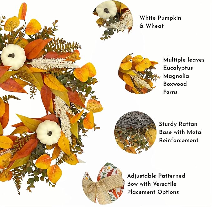 CYANBLOOM Fall Wreaths for Front Door: Rustic 20-22 Inch Bow Wreath with Golden Eucalyptus, White Pumpkins & Wheat - Lovely Warm Vibes Outdoor Indoor Farmhouse Decor for Halloween Thanksgiving Autumn