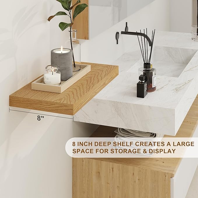 Fun Memories Floating Shelves, 8 Inch Deep Floating Shelves for Wall, 8 x 8 Wall Shelves, Rustic Wood Floating Shelf for Living Room, Bedroom, Bathroom, Oak Color, Set of 2