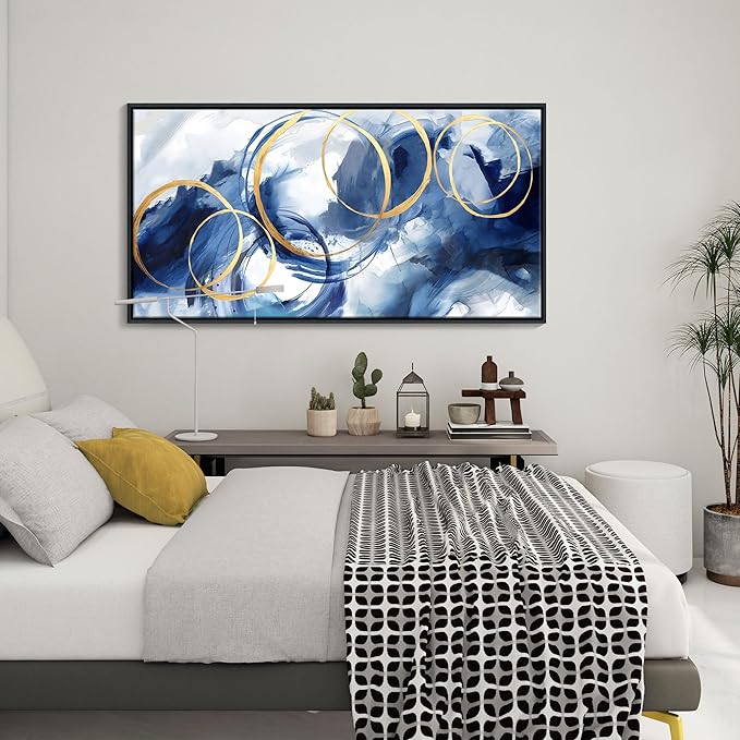 Framed Abstract Wall Art Blue Modern Art Wall Decor Artwork For Living Room Huge Wall Canvas Office Pictures For Navy Gold Modern Decorations For Bedroom Size 24x48in
