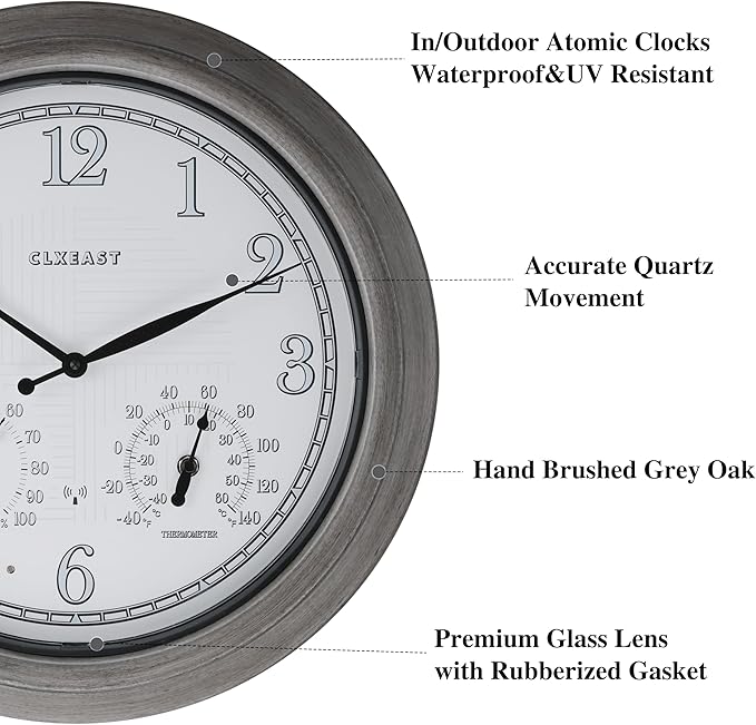 CLXEAST 18 Inch Farmhouse Illuminated Outdoor Atomic Wall Clock with Thermometer & Hygrometer Combo, Night Lighted Wall Clock with Smart Sensor, Weather Stations,Brushed Grey Oak Finish