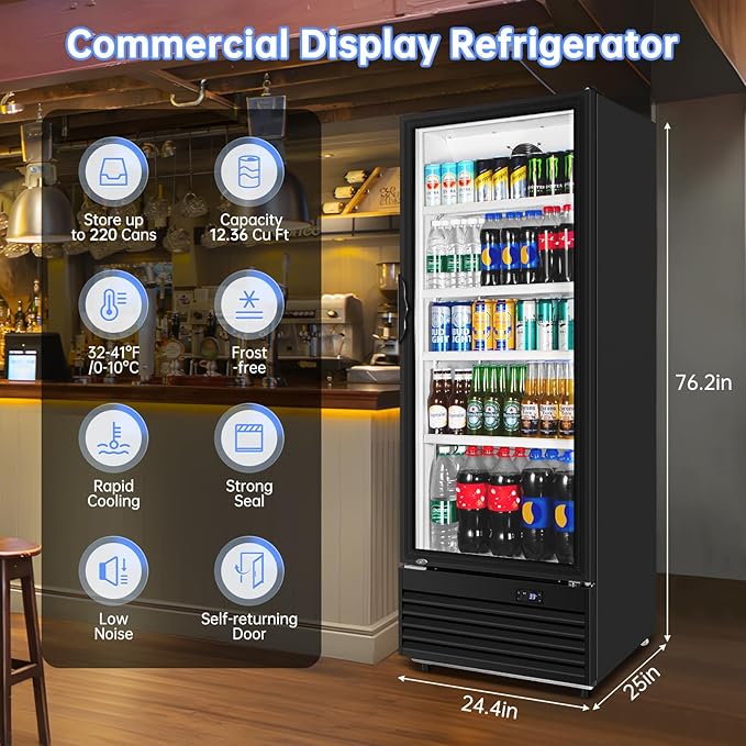 Commercial Beverage Refrigerator, 24.5 Inch 15 Cu. Ft. Drink Fridge, Display Refrigerator with Glass Door, Commercial Display Fridge with 4 Adjustable Shelves, for Shops, Restaurants, Bars