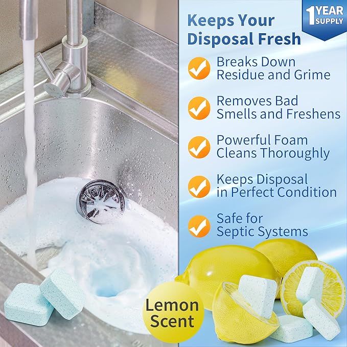 Foaming Garbage Disposal Cleaner and Deodorizer Tablets-24 Pack Food Disposal Cleaner, Quickly Eliminates Odors, XL Powerful Foaming Action, Refreshing Lemon Scent, Natural Ingredients, 1 Year Supply
