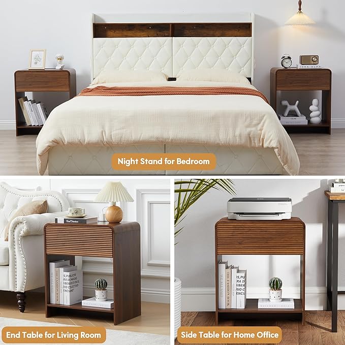 Fluted Nightstand with Charging Station, Mid Century Modern Bed Side Table End Table with Drawer Storage, Large Wooden Night Stands Bedside for Bedroom Living Room Sofa Office, Walnut