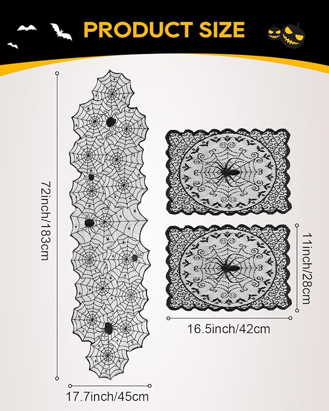 eZAKKA Halloween Table Runner with 4Pcs Placemat, Black Lace Spider Web Table Runners for Parties Gothic Spooky Home Decorations, 18 x 72 Inch