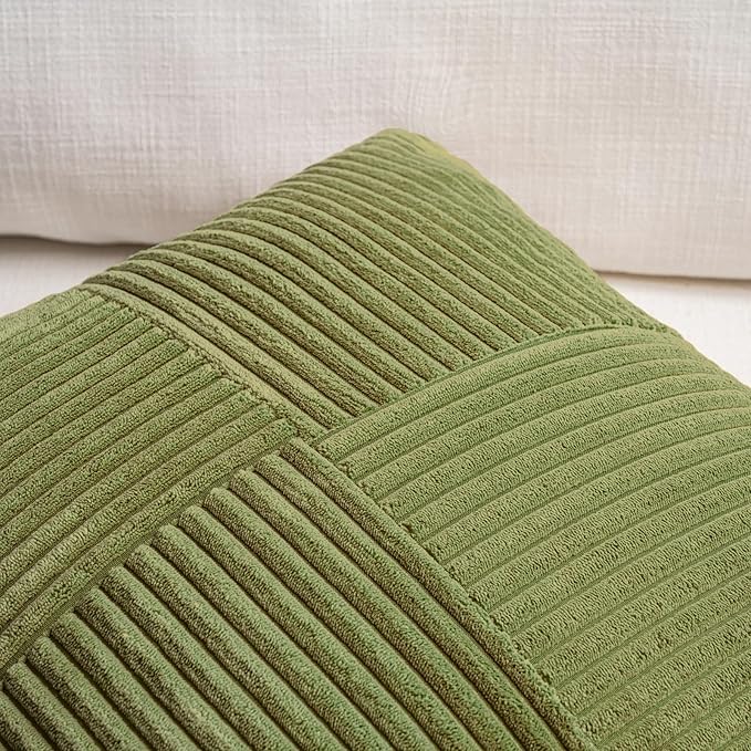 Fancy Homi 2 Packs Moss Green Big Decorative Throw Pillow Covers 24x24 Inch for Couch Bed Sofa, Rustic Farmhouse Boho Home Decor, Soft Corss Corduroy Patchwork Accent Square Cushion Case 60x60 cm