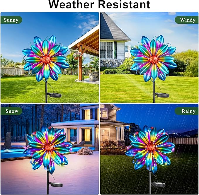 Flower Solar Wind Spinners- Metal Colorful Spinning Windmill Garden Ligths with LED Outdoor Decorative Stake Lighting Waterproof Flower Sculpture for Patio Yard