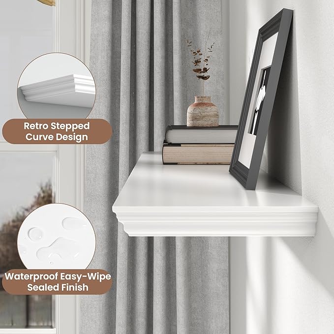 Floating Shelves for Wall, 24 Inch Long Wall Mounted White Hanging Shelf for Kitchen, Living Room, Office, Bedroom, Bathroom, Retro Vintage Wood Bookshelf for House Decor