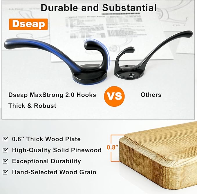 Dseap Wall Mounted Coat Rack: 38-1/4" Long, Patented, Heavy-Duty, 10-Double-Hooks Wooden Hanger Rail for Winter Coats, Hat, Jacket, Clothing - White & Black, Pack of 2