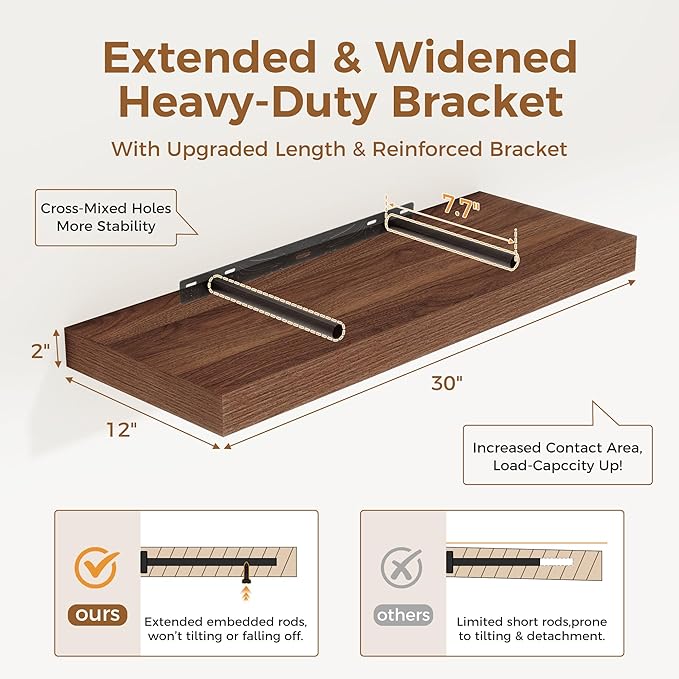 Floating Shelves 30 Inch Long, 12 Inch Deep Floating Shelf for Books, Rustic Wood 30 x 12 Storage Shelves for Wall Storage & Display, Thicked Wall Shelf for Kitchen, Living Room, Walnut Color, 1 Pack