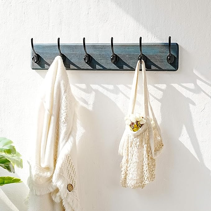 Dseap Coat Rack Wall: 24" Long, Patented, Heavy-Duty, 6-Double-Hooks Wooden Wall Mounted Coat Rack Coat Hanger Hook Rail for Winter Coats Hat Jacket Clothing, Weathered Blue