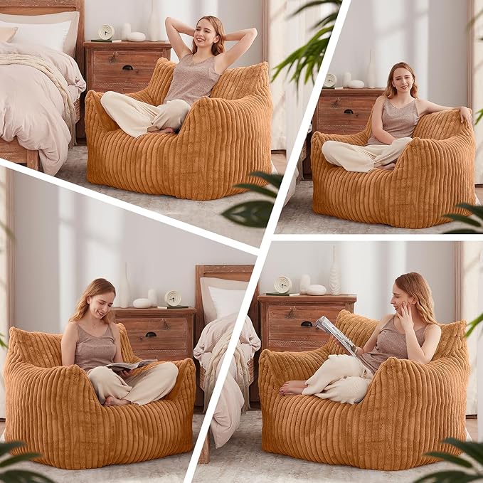 Giant Bean Bag Chairs for Adults Teens, Large Bean Bag Sofa Chairs with Filling Comfy Fuzzy BeanBag Chair with Armrests for Bedroom Living Room Reading (Brown, Large)