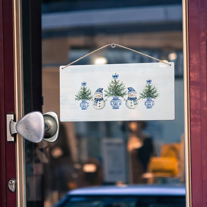 DUXMNAMG Chinoiserie Snowman Winter Hanging Wooden Signs 12x6, Blue and White Porcelain Snowman Sign, Winter ChristmasTree Blue Bow Snowman Chinoiserie Signs for Home Room Office Hanging Wall Decor