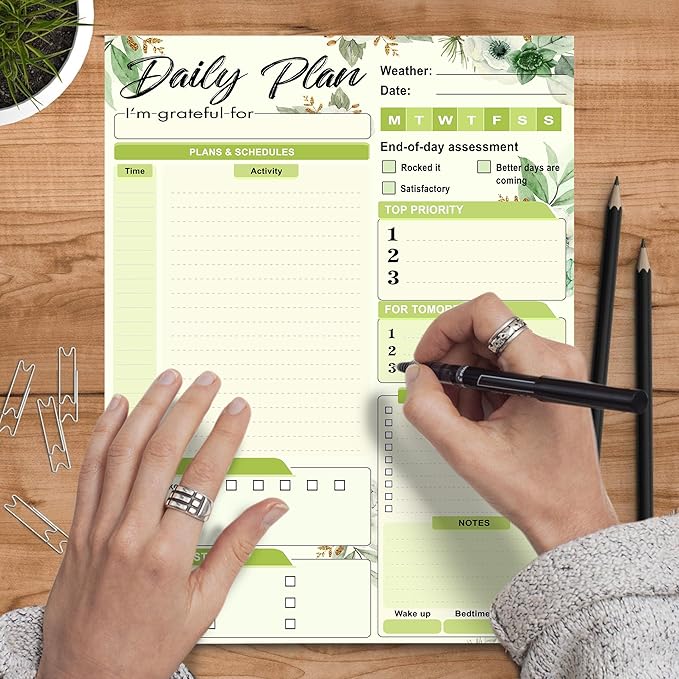Daily Plan Notepad, 52 Sheets 8.5" X 11.5" Daily for To-Do Lists, Habit Tracking, Academic Scheduling, and Productivity Goals - Perfect for Work, Home, and Office Organization| Tropical Green Floral