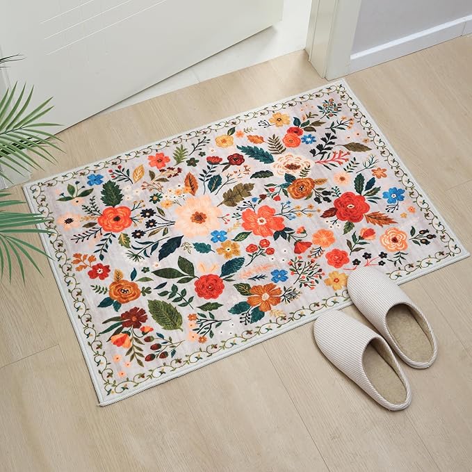Door Mat Indoor Entrance 2x3 Rug Machine Washable Boho Floral Small Area Rug Non-Slip Low Pile Throw Rugs for Entryway, Kitchen, Front Door Indoor Entrance, Entry, Kids Room (Beige)