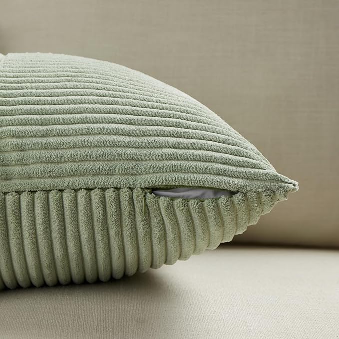 Fancy Homi 2 Packs Sage Green Samll Decorative Throw Pillow Covers 14x14 Inch with for Couch Bed Sofa, Rustic Farmhouse Boho Home Decor, Soft Corss Patchwork Corduroy Square Cushion Case 35x35 cm