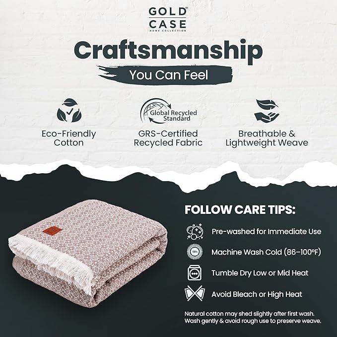 Gold Case Throw Blanket for Bed – 100% Recycled Turkish Cotton Bed Blanket – Decorative Throw Cotton Blankets for Living Room & Bedroom – Retro Beige Woven Queen Blankets – 90x90