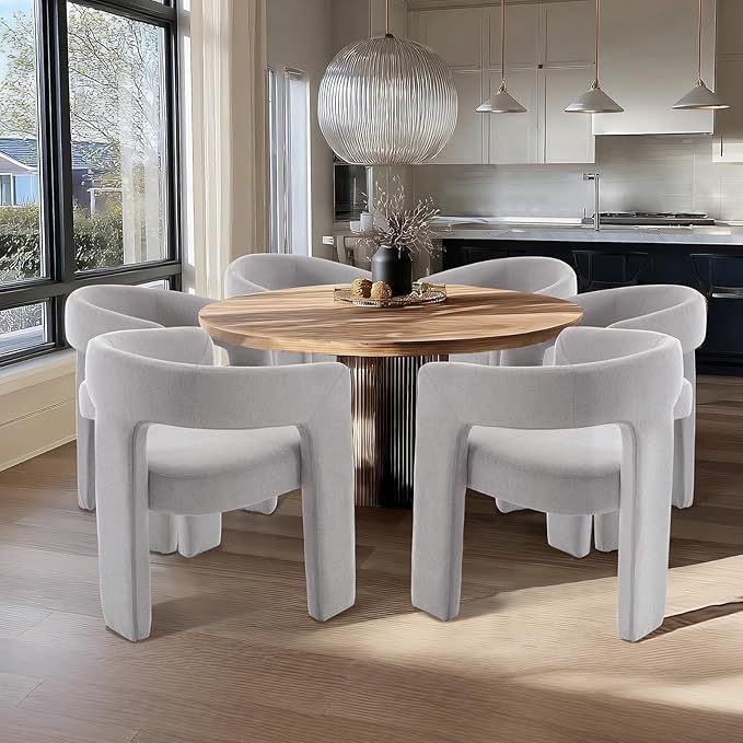 Grey Chenille Dining Chairs Set of 4, Modern Barrel Dining Room Chairs Upholstered Faux Fur Accent Chair with Arms and Round Back for Living Room Kitchen Armchair No Assembly Needed