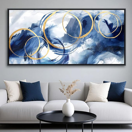 Framed Abstract Wall Art Blue Modern Art Wall Decor Artwork For Living Room Huge Wall Canvas Office Pictures For Navy Gold Modern Decorations For Bedroom Size 24x48in