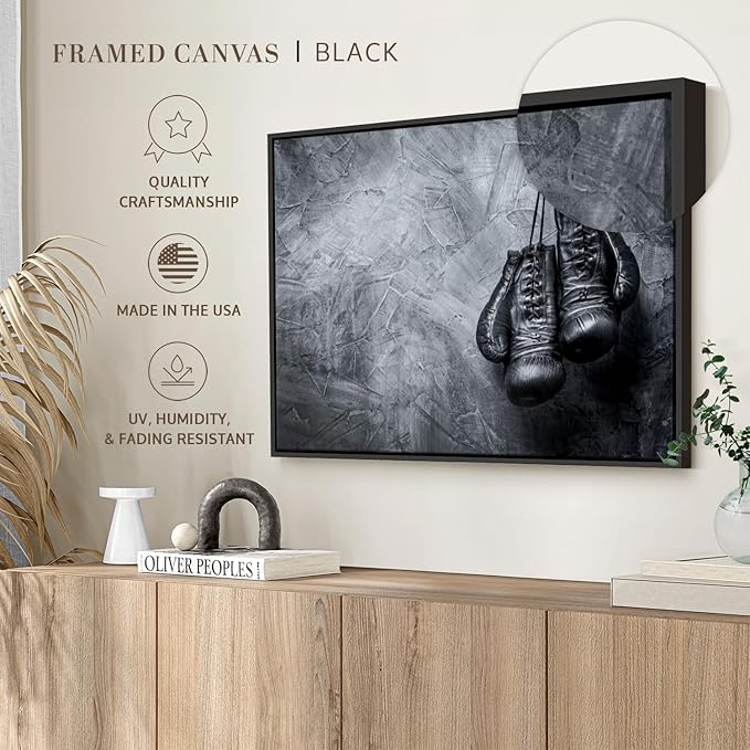 ElephantStock Boxing Gloves Wall Art - Horizontal Framed Canvas - 1-Piece Living Room Wall Decor - Photography Sports Canvas Print - Black and Gray Decor for Wall - 43" X 29"