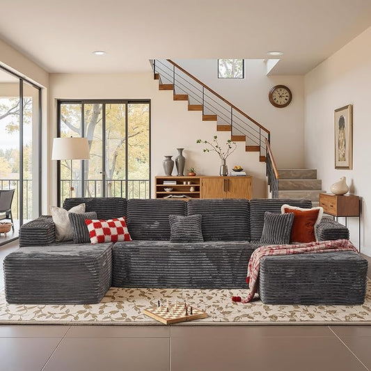 Cloud Sectional Couches for Living Room,U Shaped Modular Sofas No Assembly,133x68 Inches Plush Corduroy Oversized Floor Couch Set with Deep Seat Chaise,Grey