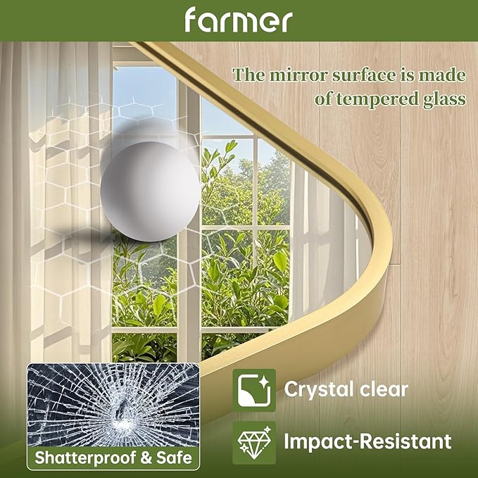 FARMER 16x24 Inch Gold Bathroom Mirror, Rectangle Vanity Mirror, Brushed Mirrors for Wall, Metal Frame Hanging Mirror with Round Corner for Bedrooms, Entryways, Living Rooms, Horizontal/Vertical