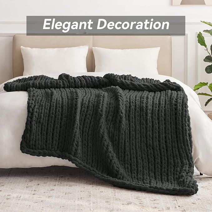 Chunky Knit Throw Blanket, 50''*60'' Knitted Throw Chenille Yarn for Bed Couch, Handmade Dark Grey Crochet Big Thick Blanket, Machine Washable Cute Comfy Blanket for Home Decor