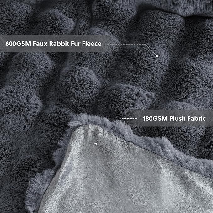 Cozy Faux Fur Throw Blanket for Couch Warm Fuzzy Throw Blanket, Soft Plush Thick Bubble Blankets for Bedroom and Living Room, Furry Luxury Blanket, 50 x 60, Grey