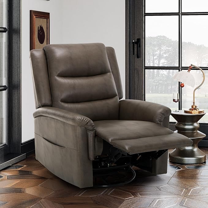 COLAMY Oversized Leather Recliner Chair, 360°Swivel Rocking Manual Recliner with Thick Cushioned Padding Backrest and Wide Seat - Lightbrown