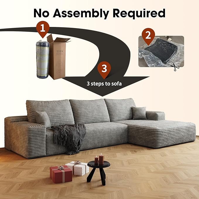 108" Sectional Couches for Living Room Modern Modular Sofa with L-Shape Couchs Upholstered Boneless Couch Deep Seat Sectional Couch with Chaise (Grey, Right Facing Chaise+2Seaters)