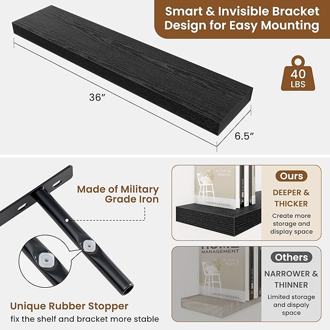 fuqing Floating Shelves for Wall, Bathroom Shelf Wall Mounted for Storage, Shelves with Invisible Bracket for Bedroom, Kitchen, Living Room, Farmhouse Small Book Shelf, 36 Inch Set of 2, Black