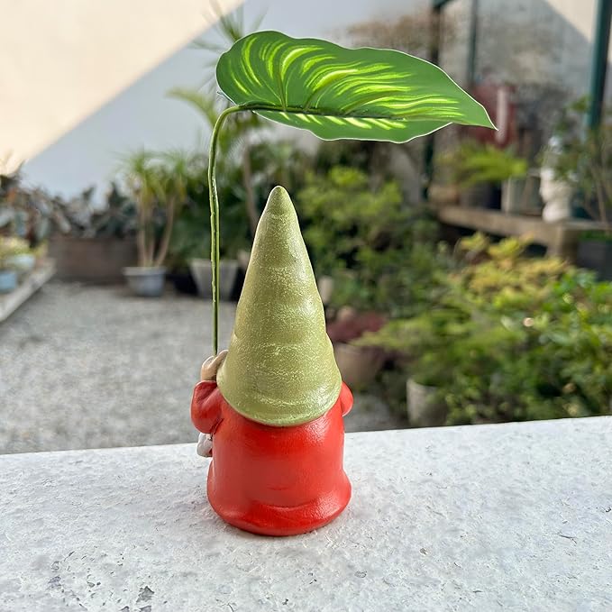 Garden Female Gnome Statue Decoration with Leaf Umbrella, 6.5” Figurine Ornament for Indoor Outdoor Home Patio Yard Lawn, for Gnome Lovers & Garden Enthusiasts，Mom，Women