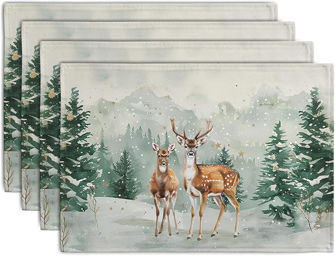 Christmas Watercolor Deer Trees Snowflakes Placemats Set of 4 Winter Rustic Nature Forest Linen Table Mat 12x18 Inch Seasonal Farmhouse Washable Place Mats for Dining Table Kitchen Xmas Decor