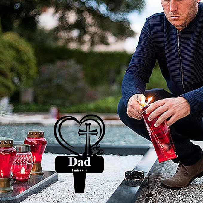 Dad Memorial Grave Stake, Cemetery Decorations for Grave Markers 12.5 x 7.2 inch Heart Metal Sympathy Stakes Graveside Plaque Decor Sign for Father Graves, Yard, Garden - Black-Dad