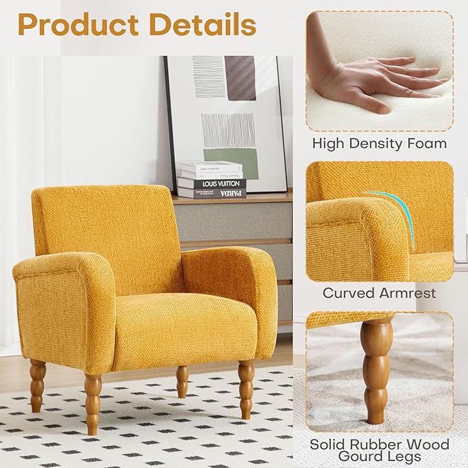 Chenille Fabric Accent Chairs Set of 2, Upholstered Armchair with Solid Wood Legs, Modern Living Room Accent Chair, Comfy Single Sofa Reading Club Chair for Bedroom Reception Lounge, Yellow