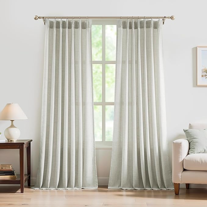 FMFUNCTEX Pinch Pleated Curtains 96 Inches Long for Living Room,Cream Beige Semi Sheer Faux Linen Textured Pleat Drapes for Bedroom with Hooks, Light Filtering Farmhouse Window Drapes 2 Panels