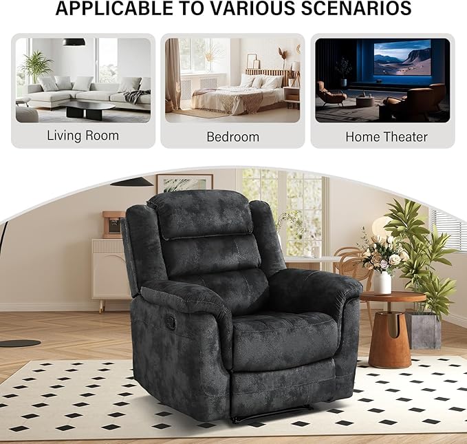 EBELLO Manual Recliner Chair, Soft Fabric Recliner Sofa with Overstuffed Armrest and Backrest for Living Room, Bedroom, Grey
