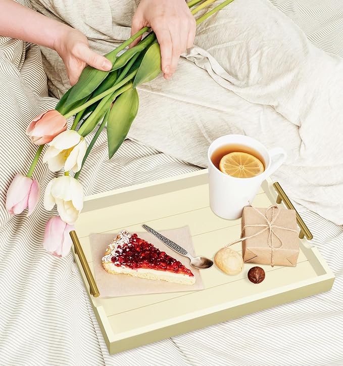 Coffee Table Tray - Large Ottoman Tray for Living Room - Wood Serving Trays with Handles(2 Sets) - Wooden Trays for Coffee Table, 4 Round Coasters Included, Off-White