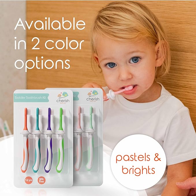 Cherish Baby Care Toddler Toothbrushes 1-2 Years (4-Pack) - BPA-Free & Safety-Tested Kids Toothbrush Kit, Designed by a Pediatric Dentist, Soft-Grip Toothbrush for Kids, My First Toothbrush Set