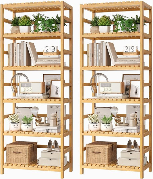 FOTOSOK 6-Tier Bamboo Shelf Set of 2, Bamboo Bookcase with Adjustable Shelves, Free Standing Storage Shelf Unit and Plant Flower Stand, Tall Large Bookshelf for Kitchen, Bathroom, Home Office, Natural